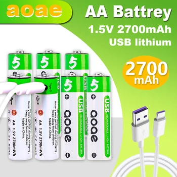 Aoae Батерия с голям капацитет 1.5 V AA 2700 mah, USB-литиево-йонна батерия за мишката, играчки часа, дистанционно управление, батерии + Кабел