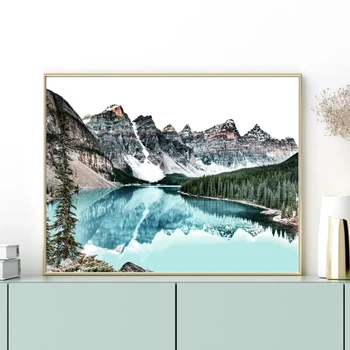 Плакат с гледката на Канадския планински езера, декор в синьо-зелени тонове, природни пейзажи, монтиране на изкуството, платно, живопис, графика, декорация за хол