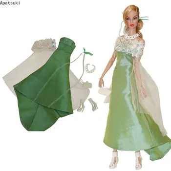 Бяло-зелена комплект за модни дрехи за Барби, облекло за кукли 1/6, аксесоари за Барби, вечерна рокля, обувки, чанта, колие