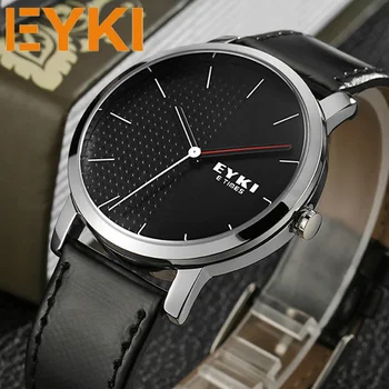 № 2 Мъжки кожени часовници марка EYKI, черни прости мъжки бизнес кварцов ръчен часовник за жени, часовници Relogio Masculino Montre