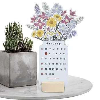 Малка месечна настолен календар с флорални мотиви в 2024 година Преносим Календар с дървена основа Десктоп графика Напомняния за масата за хранене