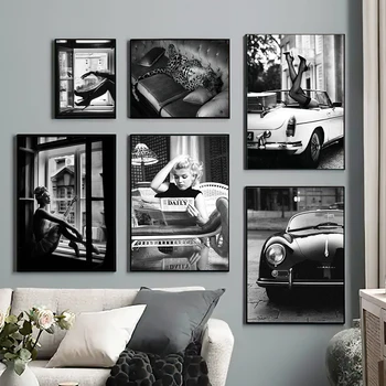 Луксозен звезден кола куче, черно, бяло платно картина принт Скандинавски винтажное снимка модерен плакат стенни пана хол начало декор