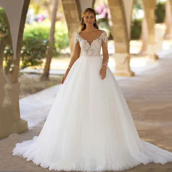 Msikoods Сватбена рокля на принцеса в стил бохо за бременни с апликации, дантелено сватбена рокля с дълъг ръкав на сватбена рокля за булката, булчински халати