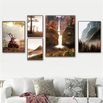 Есенна поляна пейзаж, Дърво, животно, Елена, гора, щампи върху платно и постери, картина от беличьего тръстика, интериор за хол