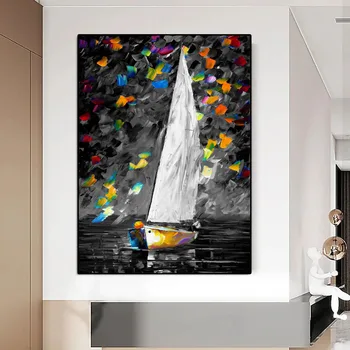 100% Ръчно рисувани живопис с маслени бои palette knife Океан изкуството на Плаване с лодка Абстрактни стенни картини на платно за домашен интериор дневна