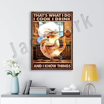 това е нещо, което аз правя, аз правя, аз пия, знам плакат, кулинарно плакат с котка, забавен принт с котка, обичам да готвя, боядисани стени кухни