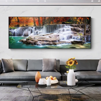Голям размер Водопад Пъстра Есенна гора Платно на Картина на Стената художествени пейзажи на Съвременни художествени плакати и щампи Интериор дневна