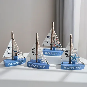Средиземноморската модел парусника от масивно дърво Морска Креативна плаване с лодка Дървена Синя плаване с лодка Фигурки за интериор и градина с Лодка