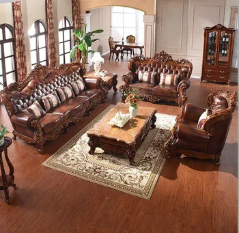 Вила в европейски стил, луксозен диван за хол, 1234 комбинации от мека мебел в ретро стил от естествена кожа