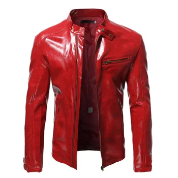 Мъжки дрехи 2023, мъжки модни кожено яке, приталенная яке от изкуствена кожа с висока яка, мъжки ветроупорен мотоциклетни якета с цип, мъжки