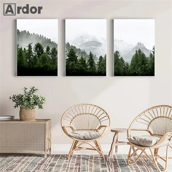 Плакати със зелена мъгла гора, стенно изкуство, живопис върху платно, плакат със заснежени планини, принт с пейзажи, стенни картини в скандинавски стил, интериор на спалня
