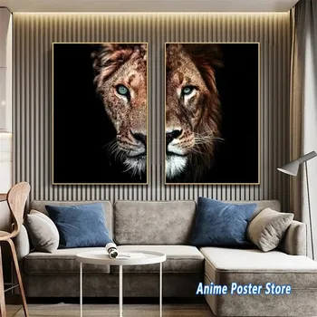 Снимка на животните, Лъв, Лъвица, черно-бял постер, печат върху платно, Стенни живопис, Куадрос, Началната дневна, Естетически украса