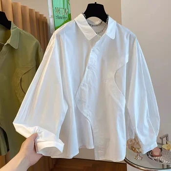 Пролетно минималистичная елегантна дамска бяла базова риза оверсайз с дълъг ръкав и копчета, свободни от дамски ежедневни ризи с копчета