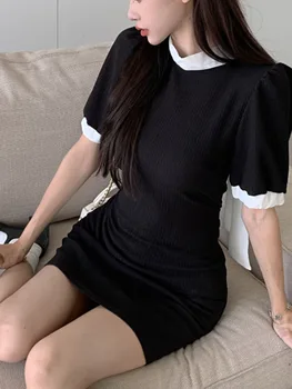 Черно пролетта вязаное къса рокля-пуловер, секси елегантна рокля дантела, Корейската мода 2023, Ново секси вечерна рокля вязаное