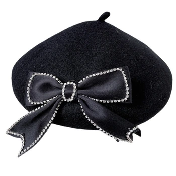 Модерна зимна черна шапка-бини с лък на ленти, топла шапка на художник за есен-зима