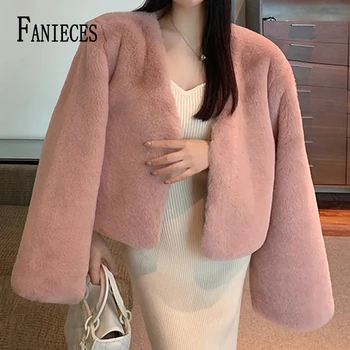 FANIECES, 7 Цвята, Однотонная Палто От Изкуствена Кожа Заек, Дамски Топло Плюшен Кожа Яке С V-образно Деколте, Зимно Корейското Ежедневното Палто manteau femme hive