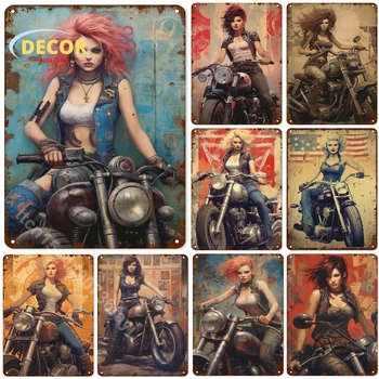 Реколта метална лидице табела, пънк-мотоциклети, момиче в стил Pin-up, с Правоъгълна табела, домашен арт декор, Ретро декорация, табели, бар, Пъб