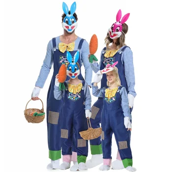 Детски костюм на великденски заек, син гащеризон за възрастни, костюм и маска на зайче великден, красиви семейни костюми за ролеви игри с зайци