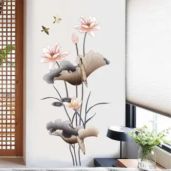 Стикер за стена с цвете Лотос в китайски стил, Самозалепващи се тапети, стикери за стена, начало декор за спалня, дневна