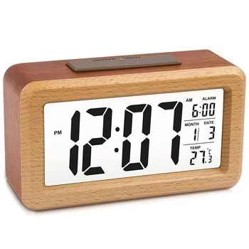 Нов Дървен Голям Led Цифров часовник с Аларма, Интелигентен Сензорен нощна светлина С Функция за Повторение, Дата, Температура, с възможност за Превключване на 12/24 часа