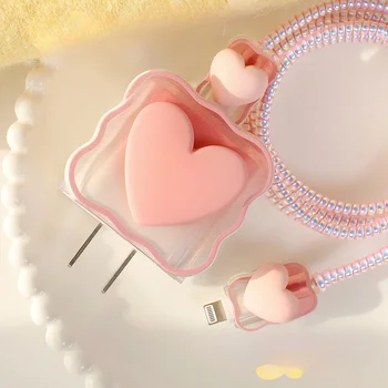 Сладък 3D протектор зарядно устройство във формата на сърце Кабелен органайзер за Iphone 18 W 20 W Комплект за навиване на кабел за предаване на данни Кутия за съхранение на кабела