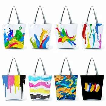 Художествена цветна дамска чанта-тоут с маслена печат, Еко-торбички за пазаруване, ежедневна чанта за супермаркет, преносими ежедневни училищна чанта, чанта през рамо