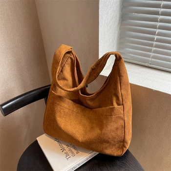 Вельветовая чанта, обикновена холщовые дамски чанти през рамо, Дамски ежедневни дамски дизайнерска чанта на засове, Тенденция чанта за пазаруване