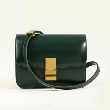 2023 Дамски модерна чанта-кутия, ретро квадратна чанта през рамо, жените класическа чанта през рамо, чанта-месинджър от естествена кожа, с капак