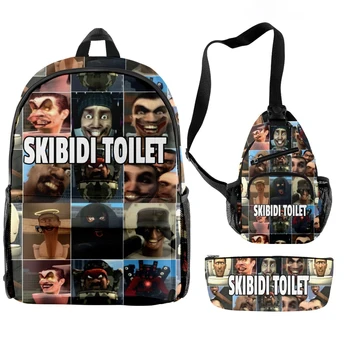 Раници Skibidi с анимационни модел за тоалетна 2023, Нови игри раници, Комплекти от 3 теми, раница джоб, чанта през рамо, чанта за моливи