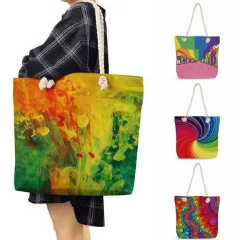 Акварел презрамка, с модерна дамска чанта, чанта за пазаруване с голям капацитет, многоцветни чанти-тоутбаги за жени, дамски пътна чанта от дебелото въже.