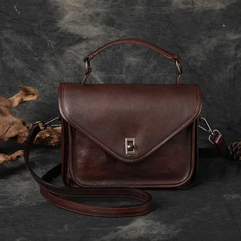 Реколта проста женска чанта през рамо от телешка кожа, чанта за мобилен телефон, ежедневни кожена чанта, чанта за преносим старомоден кафяв цвят