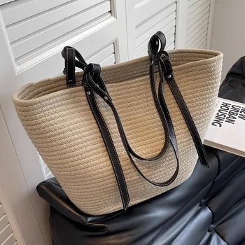 2023 нова тканая чанта, изработена от памучни въжета с голям капацитет, модерна черна чанта на едно рамо, ракита сламена чанта, ежедневни дамски чанта, плажна чанта