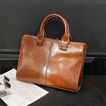 Луксозен мъжки портфейл от мека кожа в Ретро стил, чанта-тоут голям капацитет, мъжки чанти-месинджър през рамо, бизнес лаптоп