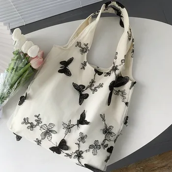 Чанта-тоут с бродерия, черен холщовая чанта с пеперуда, Лейси страхотна чанта за почивка и пътуване, женствена чанта през рамо с голям капацитет, ежедневни