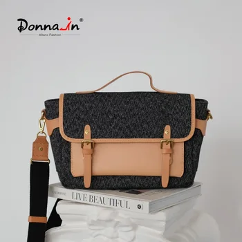 Ежедневна чанта-Месинджър Donnain От естествена Кожа и Рециклирани Платно, чанта през рамо с пагон За пътуване до работа в минималистичном стил