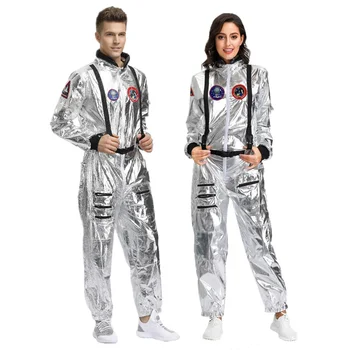 Възрастни, Мъже, Жени, сребрист костюм на Космическия астронавти, костюм за cosplay на Хелоуин, гащеризон за пилоти, костюм за двойки