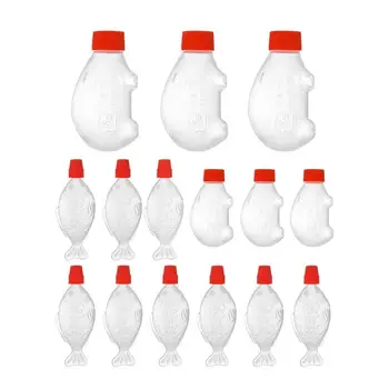 Мини бутилка за соса, малка бутилка за соса анимационни форми, 15 бр., набор от прозрачни бутилки, затворени за училището пикник