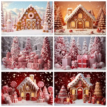 Весела Коледа на фона на Зимния Сняг, Коледни Бор в Блестяща светлина на Фона на близалки и пряничного къща Декор за детска стая на семейния партита