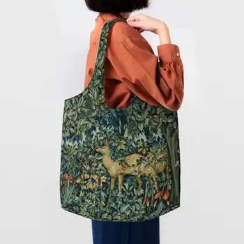 William Morris Елени и птици в гората, чанти за пазаруване, холщовая чанта за пазаруване с цветен модел, чанта през рамо, чантата е с голям капацитет.
