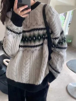 Жена Ретро пуловер Фея Гръндж с дълъг ръкав и кръгло деколте, Вязаный пуловер свободно, намаляване, върхове за зимата