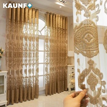 KAUNFO Европейски стил, Луксозни тюлевые завеси със златни бродерии, за хол, трапезария, Спалня, 1БР