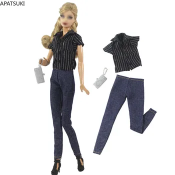 1 комплект Блуза райе, топ и дънкови панталони, чанта за дрехи за Барби кукли, модни облекла, аксесоари за кукли, играчки 1/6