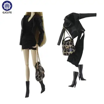 1 комплект дрехи за кукли 30 см, кожени палта, Малка черна рокля, чанта с леопардовым принтом, костюм красавици за 1/6 смени костюма, кукли, играчки за преобличане