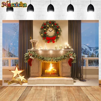 Коледен реалистичен фон за камина в стаята, Зимна Снежна сцена зад прозореца, Коледен венец, Фон за снимки на семейния партита