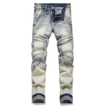 Мъжки реколта сини дънки в байкерском стил, стрейчевые панталони в стил мозайка с бродерия, скъсаните тънки зауженные панталони