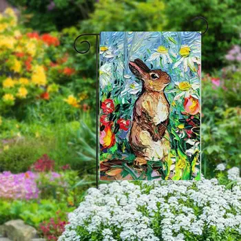 Украса на градината Реалистичен текстилен материал, начало декор, Окачен флаг на тревата, маслени бои, банер за градината със заек