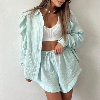 Жена комплект летни дрехи за почивка Y2k от две части, риза с дълги ръкави и копчета под формата на сърца + гащета с еластичен колан, градинска облекло
