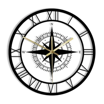 Компас от Черна Роза на ветровете Изключително Безшумни Стенни часовници Карта на посоката на Морската Начало декор и интериорен Дизайн на пътник Ретро стенен часовник