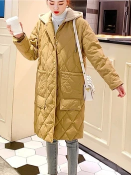 2023 Зимни дрехи, Дамско стеганое палто с качулка яке оверсайз Harajuku, Свободни Леки паркове с памучна подплата, дължина на палтото midi