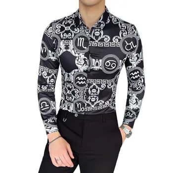 Мъжка риза с дълъг ръкав пролет и есен корейски тънки ризи с принтом модни красиво мъжко облекло